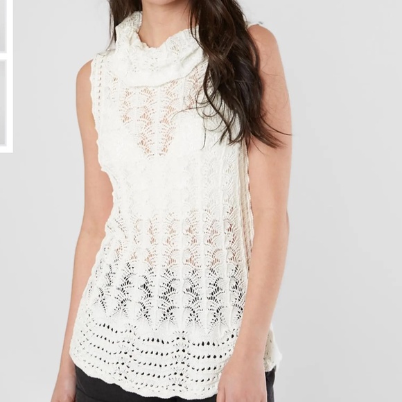 Miss Me Sweaters - Miss Me Pointelle Crochet Cowl Neck Sweater Tank in Ecru sz small EUC